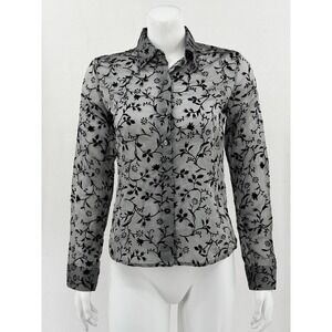 Vintage Guess Top Womens Small Gray Black Sheer Velvet Fairy Grunge Button Up